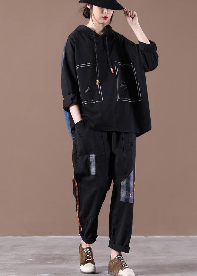 Black Denim StitChing Embroidery Casual Suit - SooLinen