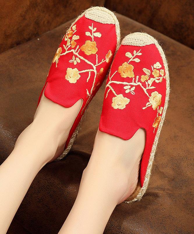 Black Embroideried Cotton Fabric Slippers Shoes - SooLinen