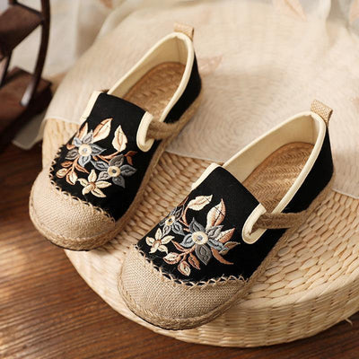 Black Embroideried Cotton Linen Fabric Splicing Flat Shoes - SooLinen