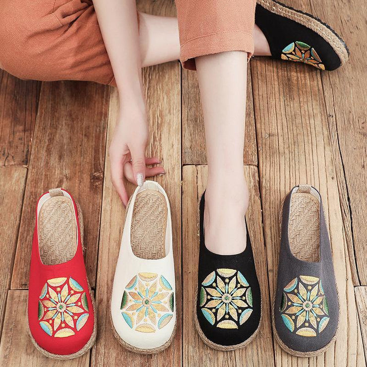 Black Embroideried Cotton Linen Slippers Shoes - SooLinen