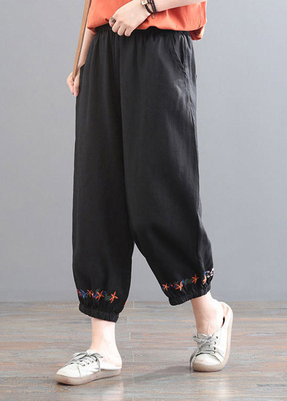 Black Embroideried Floral Elastic Waist Harem Pants Summer