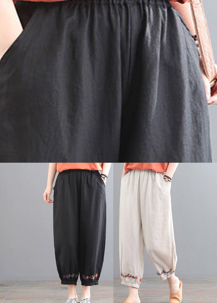 Black Embroideried Floral Elastic Waist Harem Pants Summer