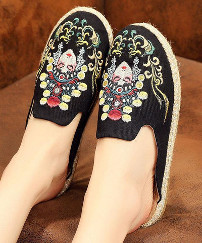 Black Embroideried Slippers Shoes - SooLinen