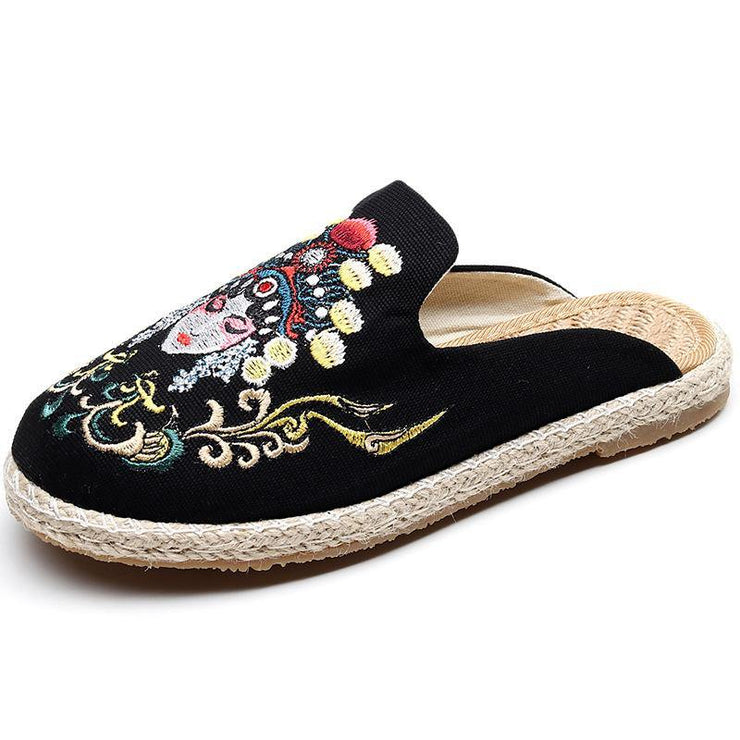 Black Embroideried Slippers Shoes - SooLinen