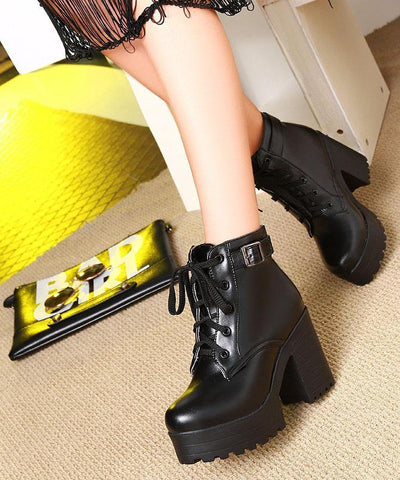 Black Faux Leather Boots Cross Strap Chunky Heel - SooLinen