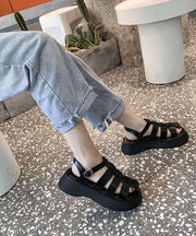 Black Faux Leather Flat Sandals Buckle Strap Hiking Sandals - SooLinen