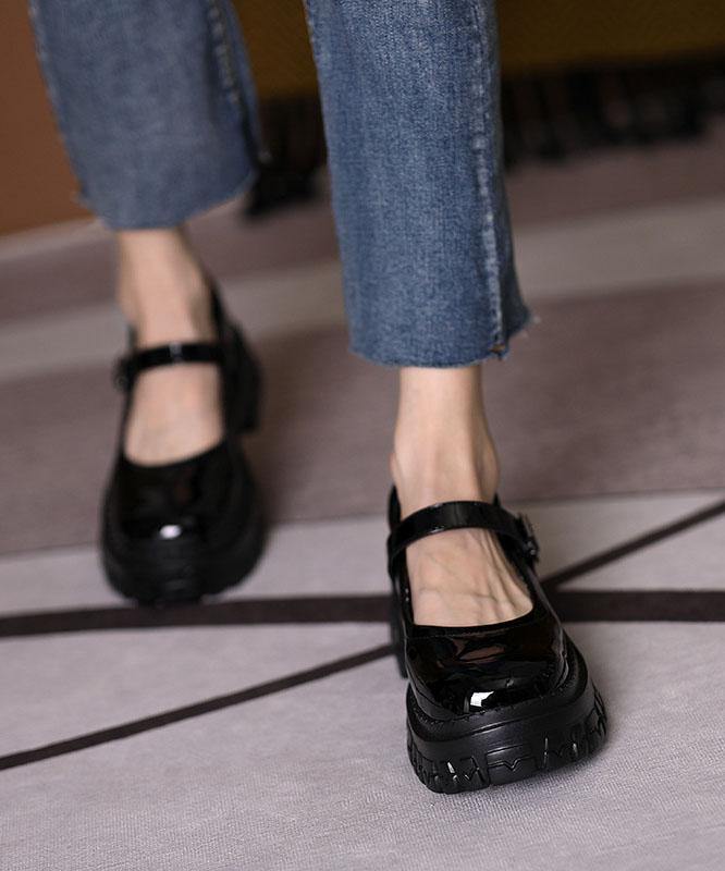 Black Flat Feet Shoes Buckle Strap Platform Flat Shoes For Women - SooLinen