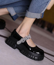 Black Flat Shoes Buckle Strap Platform Flat Shoes - SooLinen