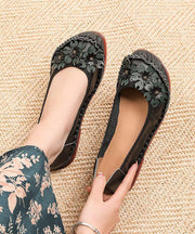 Black Floral Cowhide Leather Flats Splicing Flat Feet Shoes - SooLinen