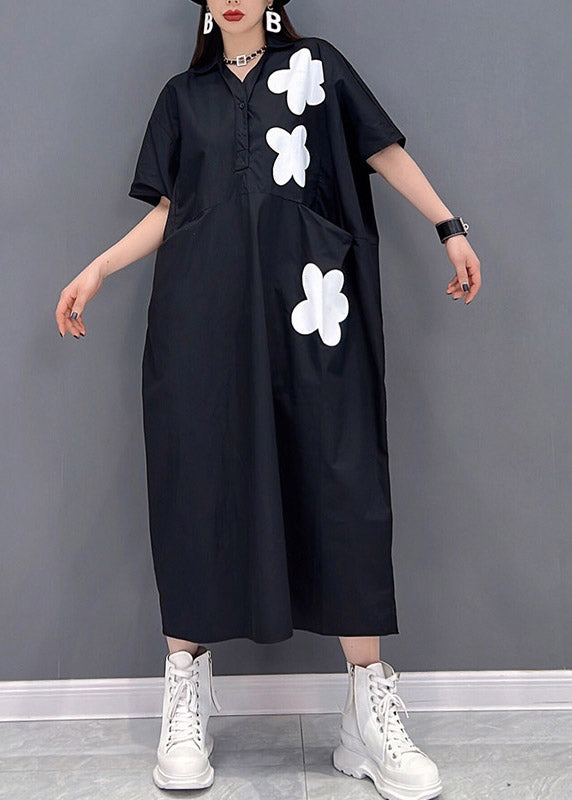 Black Floral Patchwork Pockets Button Dress Short Sleeve