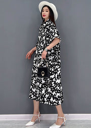 Black Floral Print Cotton Long Dresses Turn-down Collar Short Sleeve