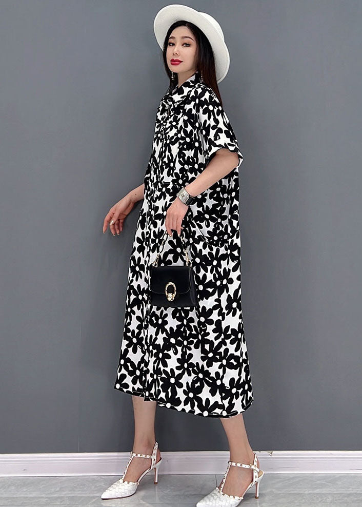 Black Floral Print Cotton Long Dresses Turn-down Collar Short Sleeve