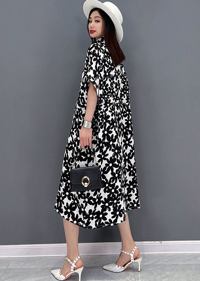 Black Floral Print Cotton Long Dresses Turn-down Collar Short Sleeve