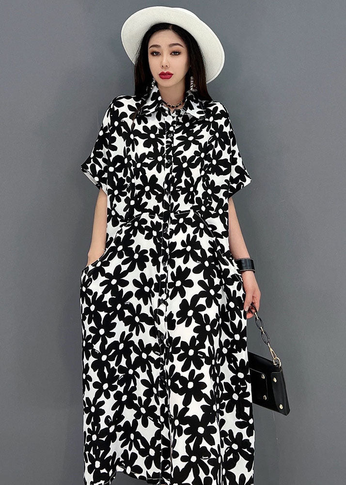 Black Floral Print Cotton Long Dresses Turn-down Collar Short Sleeve