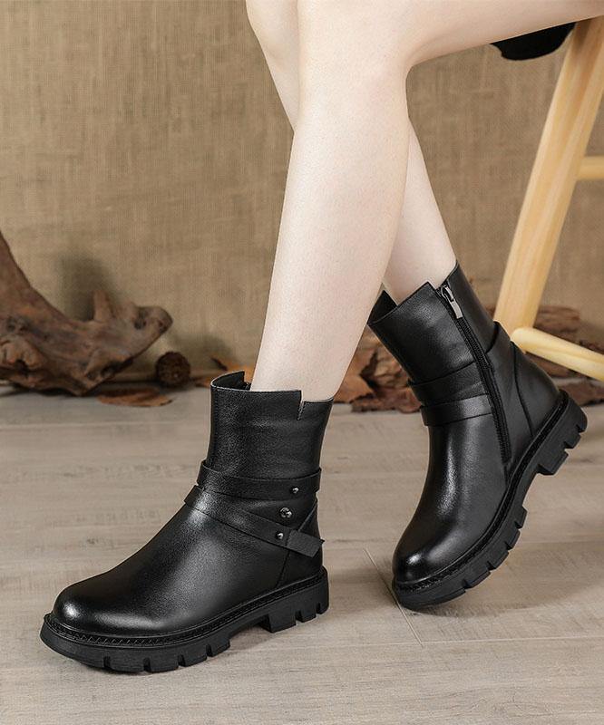 Black Genuine Leather Platform  flat boots - SooLinen