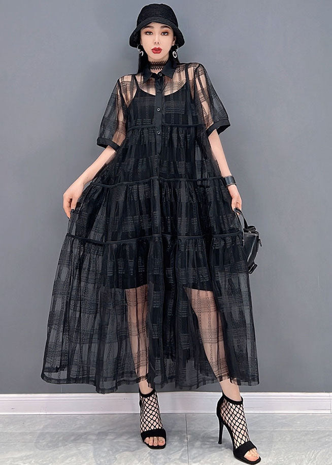 Black Hollow Out Tulle Shirt Dress Two Piece Set Outfits Button Summer