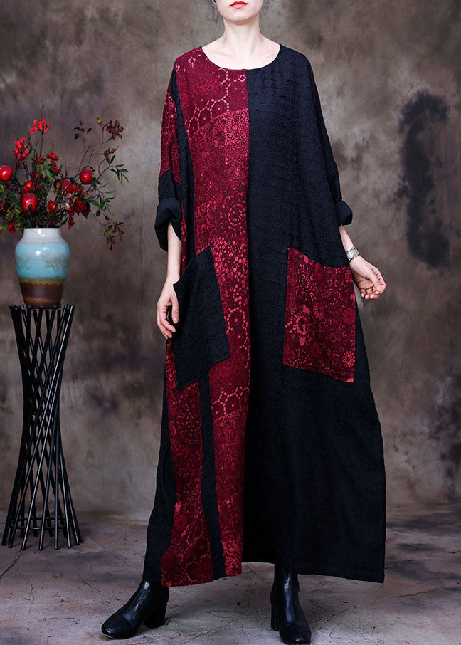 Black Patchwork Red O-Neck Pockets Silk Dresses Spring