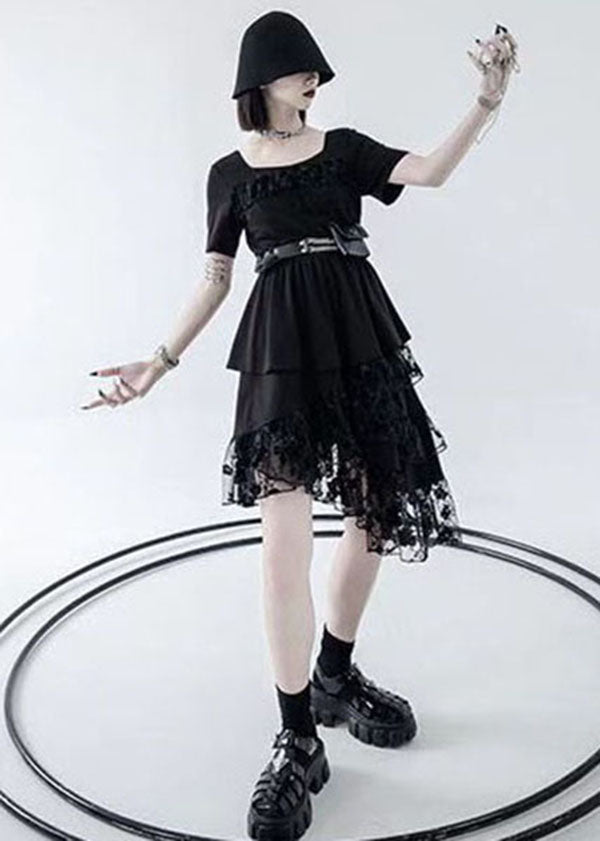 Black Patchwork Tulle Cotton O Neck Cake Dress Asymmetrical Half Sleeve