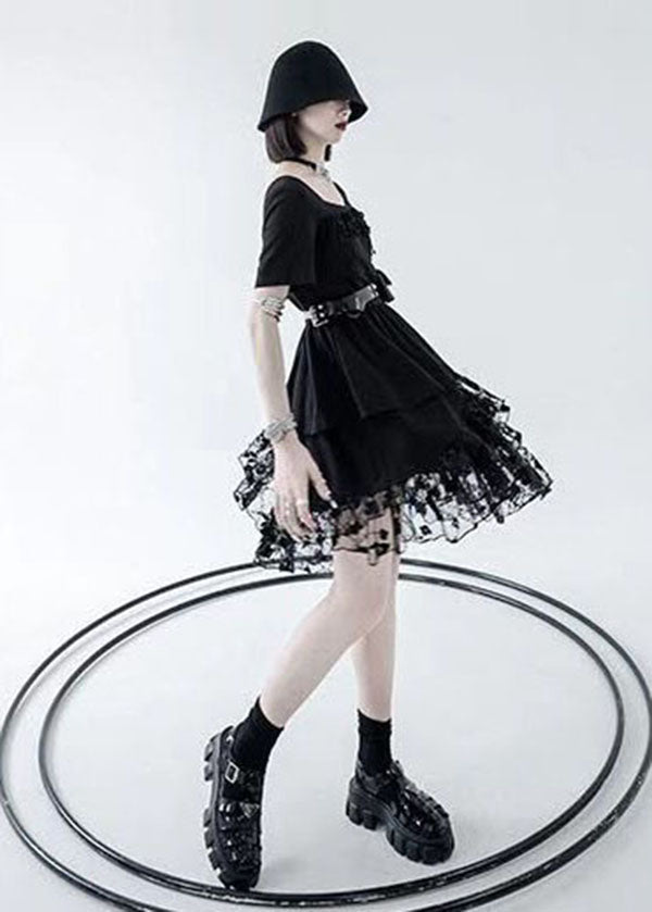 Black Patchwork Tulle Cotton O Neck Cake Dress Asymmetrical Half Sleeve