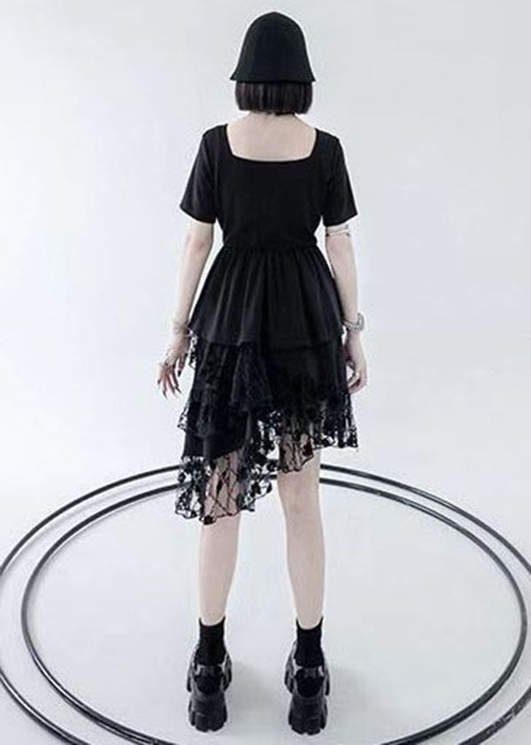 Black Patchwork Tulle Cotton O Neck Cake Dress Asymmetrical Half Sleeve