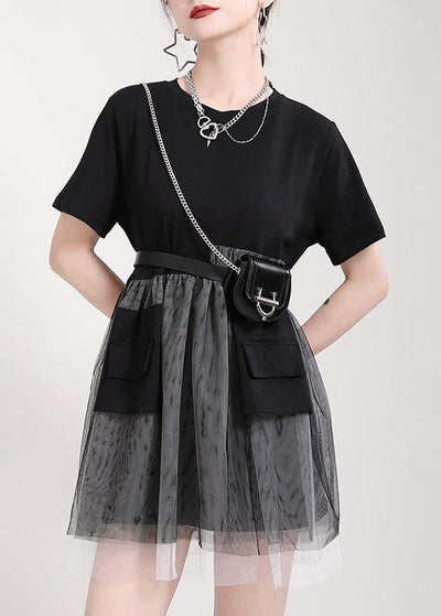 Black Patchwork Tulle Pockets Summer Holiday Dress Short Sleeve - SooLinen