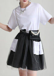 Black Patchwork Tulle Pockets Summer Holiday Dress Short Sleeve - SooLinen