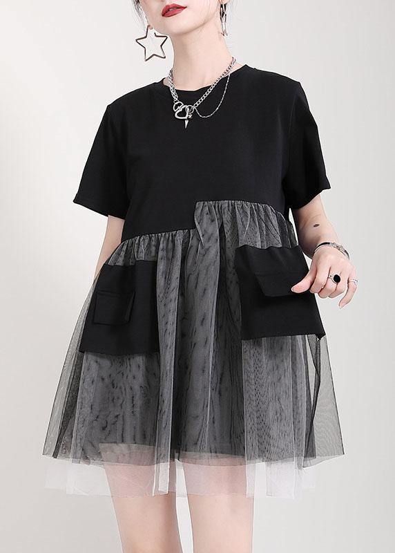 Black Patchwork Tulle Pockets Summer Holiday Dress Short Sleeve - SooLinen