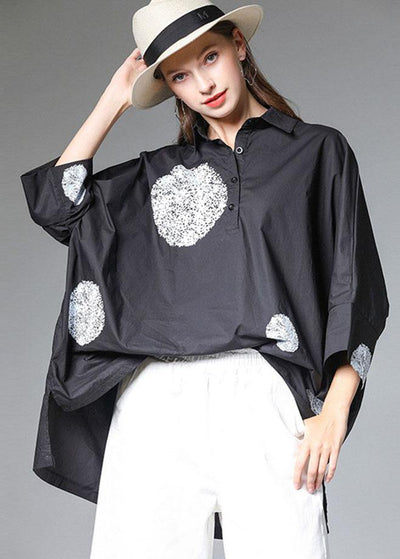 Black PeterPan Collar Button Fall Cotton Shirt Half Sleeve - SooLinen