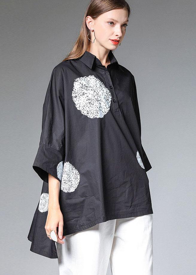 Black PeterPan Collar Button Fall Cotton Shirt Half Sleeve - SooLinen