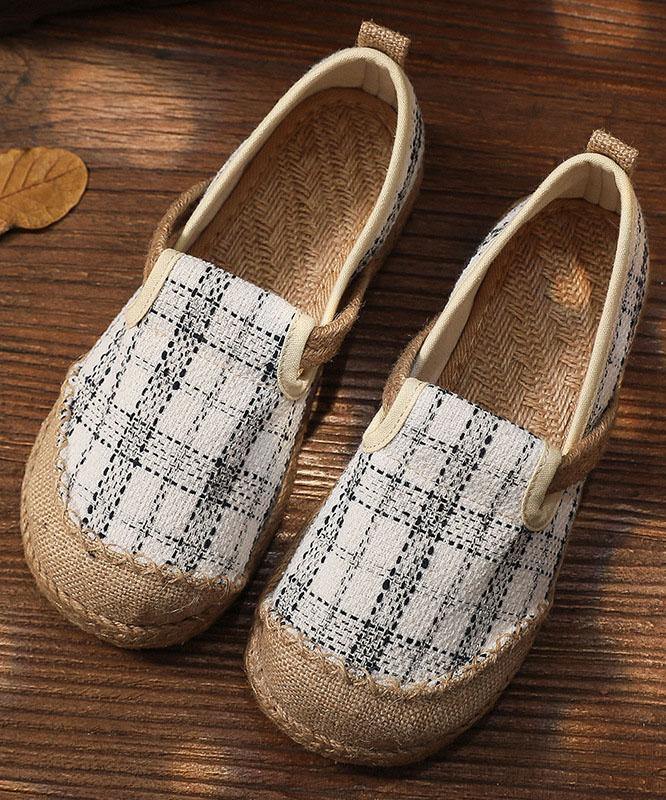 Black Plaid Cotton Linen Patchwork Flat Feet Shoes - SooLinen