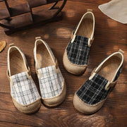 Black Plaid Cotton Linen Patchwork Flat Feet Shoes - SooLinen