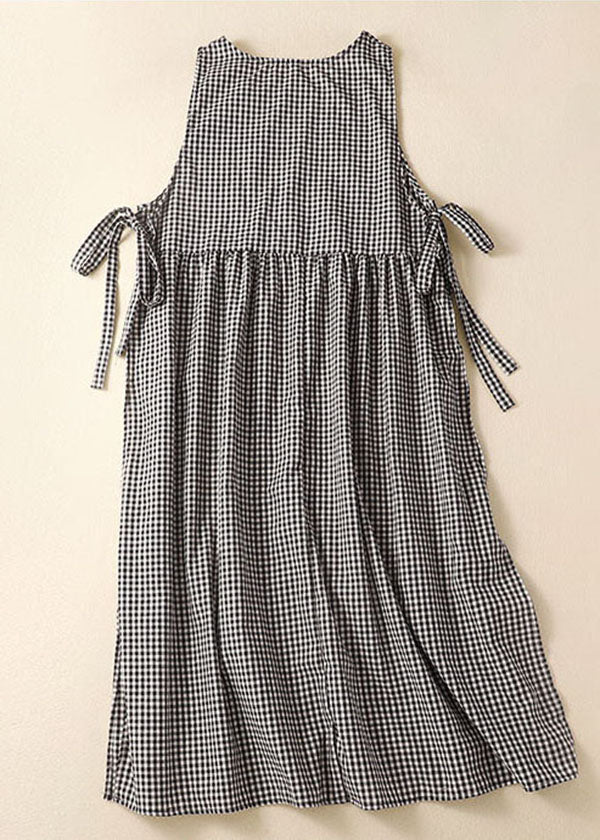 Black Plaid Linen Party Dress O-Neck Lace Up Wrinkled Sleeveless