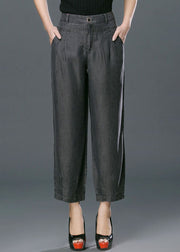 Black Pockets Cotton Denim Harem Pants High Waist Button Summer