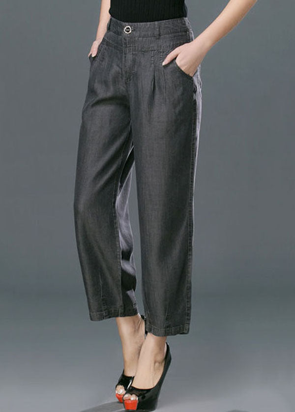 Black Pockets Cotton Denim Harem Pants High Waist Button Summer