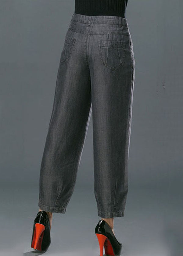 Black Pockets Cotton Denim Harem Pants High Waist Button Summer