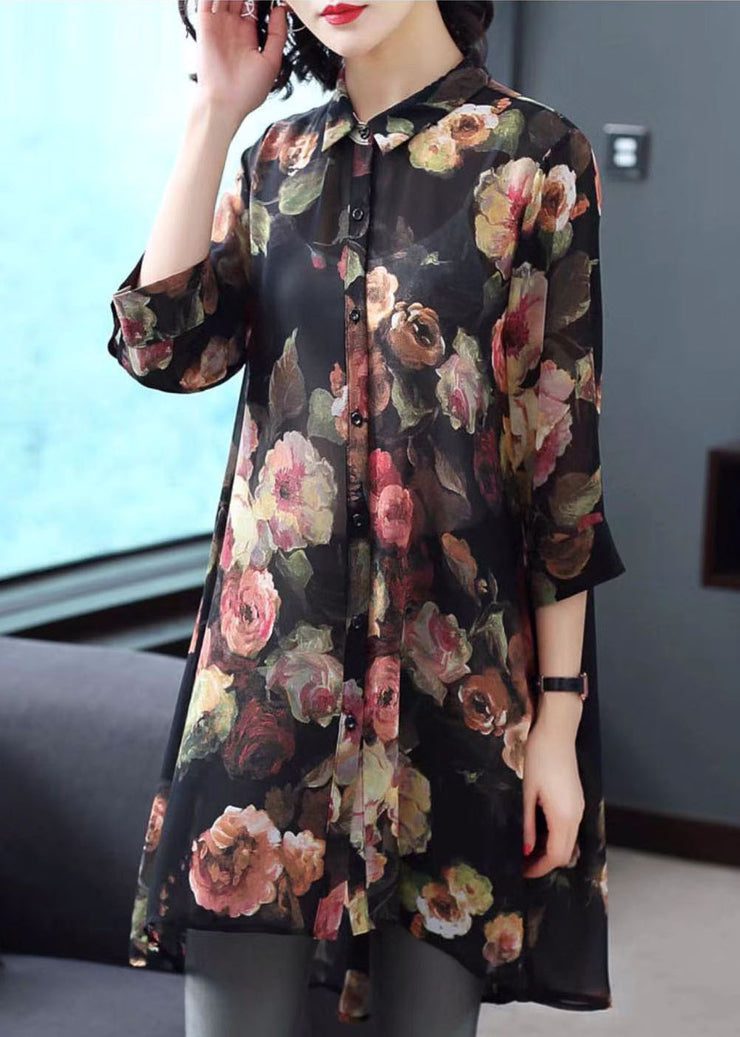 Black Print Chiffon Long Shirt Turn-down Collar Button Bracelet Sleeve