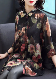 Black Print Chiffon Long Shirt Turn-down Collar Button Bracelet Sleeve