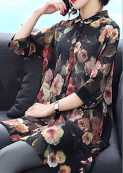 Black Print Chiffon Long Shirt Turn-down Collar Button Bracelet Sleeve