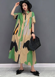 Black Print Tie Dye Cotton Loose Shirt Dress Button Short Sleeve