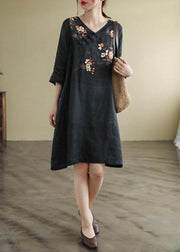 Black V Neck Embroideried  Button Three Quarter Sleeve Fall Dresses - SooLinen