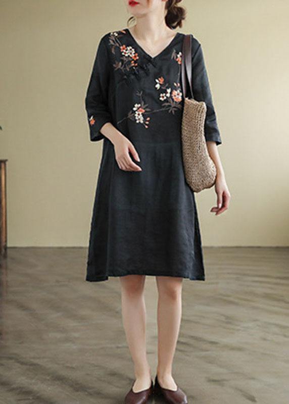 Black V Neck Embroideried  Button Three Quarter Sleeve Fall Dresses - SooLinen