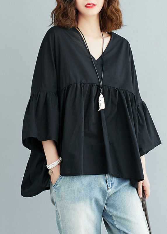 Black V Neck Patchwork Asymmetrical Design Fall Top Three Quarter sleeve