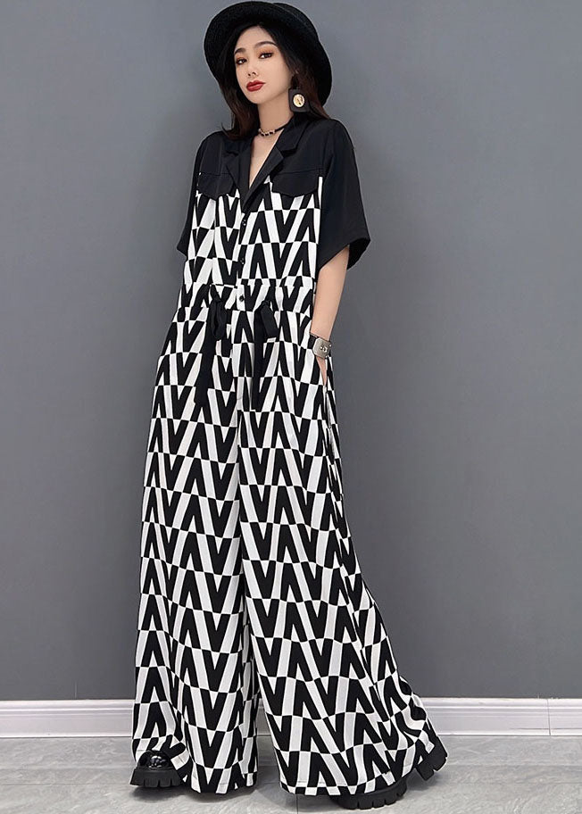 Black V Print Chiffon Jumpsuit Wide Leg Pants Tie Waist Short Sleeve