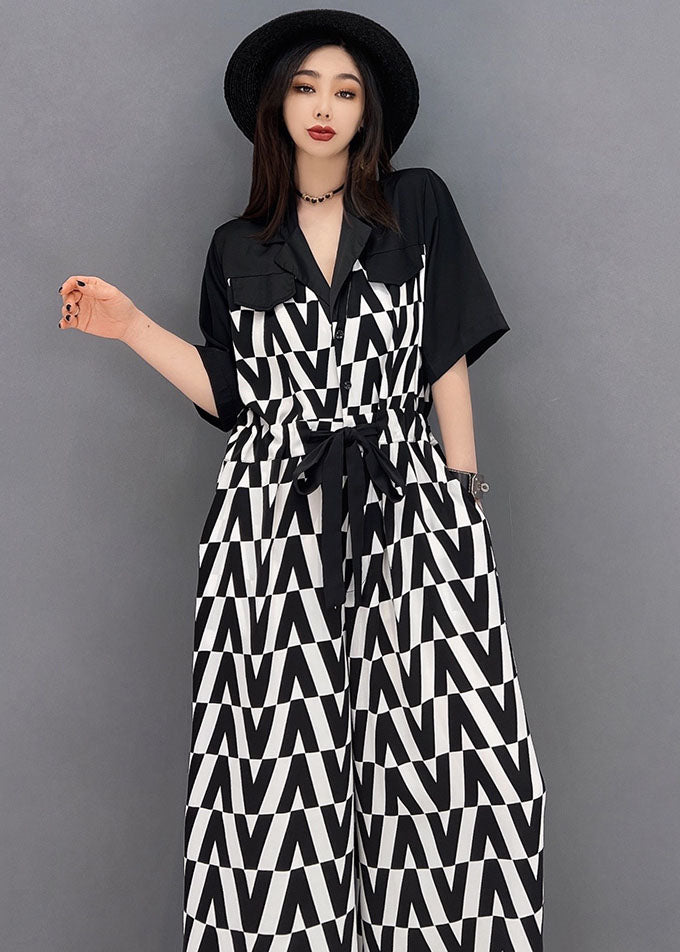 Schwarzer V-Print-Chiffon-Overall mit weitem Bein und kurzen Ärmeln