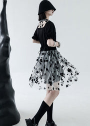 Black White Tulle Patchwork Cotton Streetwear Dresses Print Short Sleeve