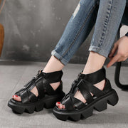 Black zippered Flat Platform Walking Sandals - SooLinen