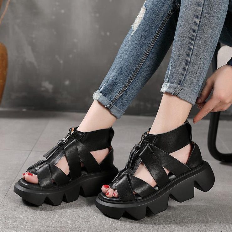 Black zippered Flat Platform Walking Sandals - SooLinen