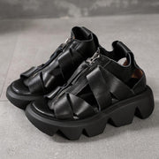 Black zippered Flat Platform Walking Sandals - SooLinen