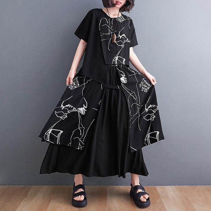 Black Print Short Sleeve Round Neck T-shirt Elastic Waist Skirt Suit Summer - SooLinen