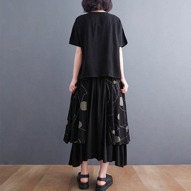 Black Print Short Sleeve Round Neck T-shirt Elastic Waist Skirt Suit Summer - SooLinen